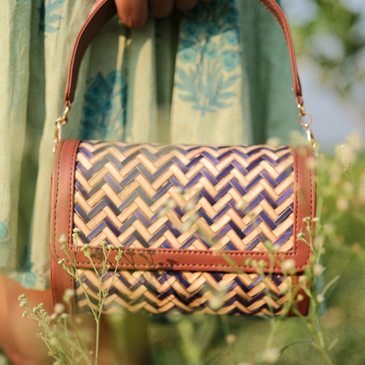 Ladies Mini Sling Bag - Blue & Biege