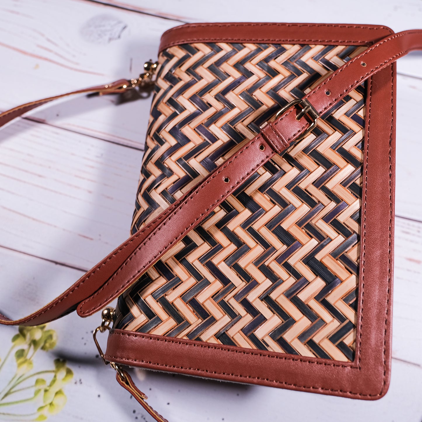 Chevron Ladies Sling Bag - Black & Biege